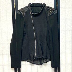 Daytrip Long Sleeve Sheer Spiked Shoulder Cross Zip Front & Collar Moto Shirt M